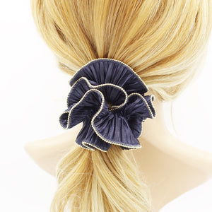 veryshine.com Scrunchies Navy pleated scrunchies  metal edge hair elastic hair tie women hair scrunchy