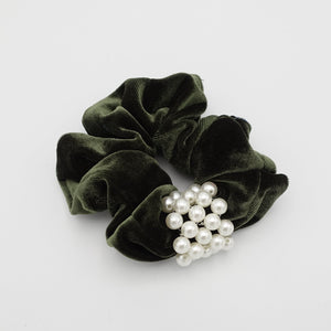 veryshine.com Scrunchies Olive green pearl embellished velvet scrunchies women scrunchy hair elastic ties