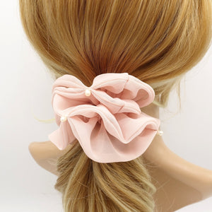 veryshine.com Scrunchies Pale pink cultivated pearl chiffon scrunchies double edge scrunchy women hair elastic tie