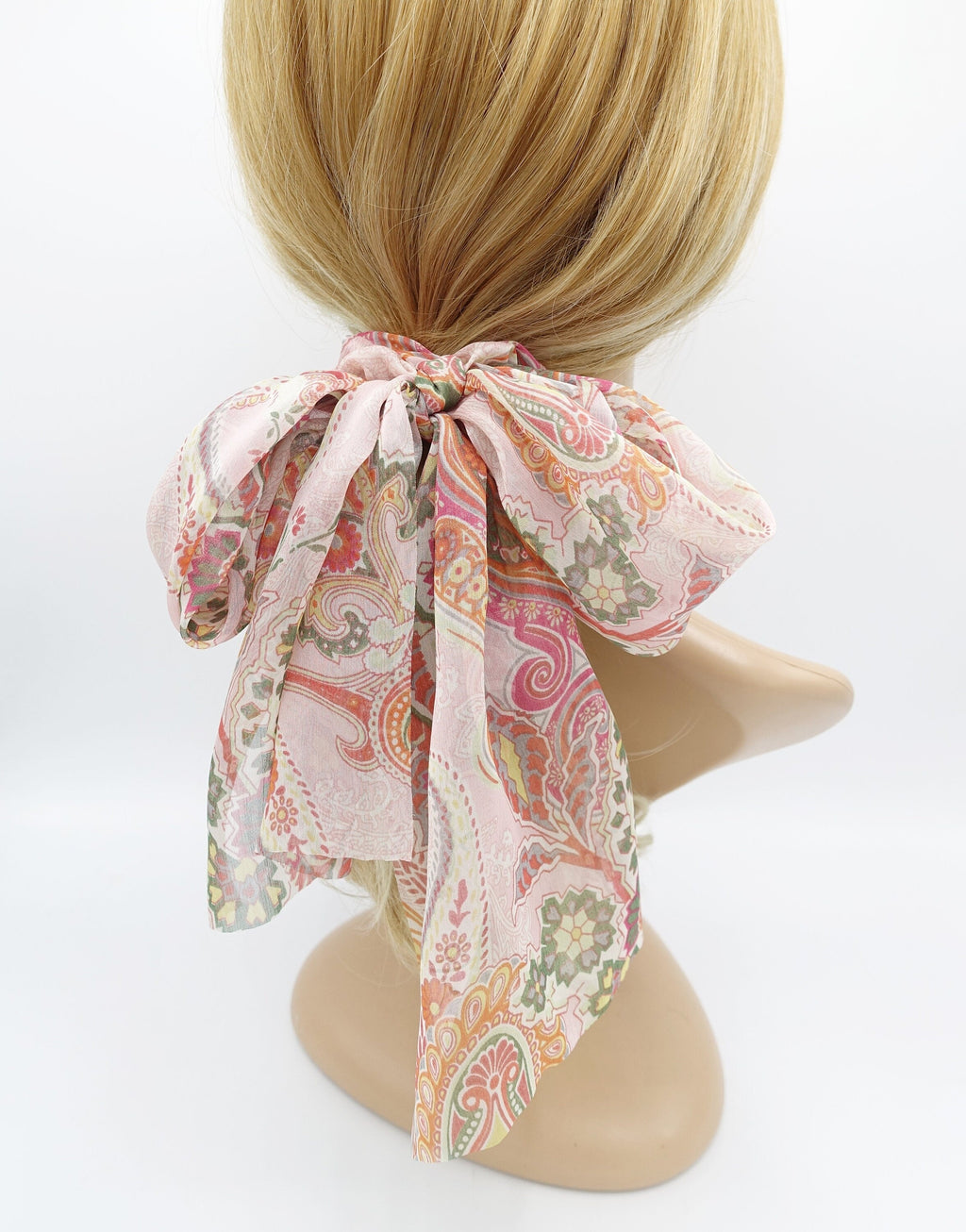 veryshine.com Scrunchies Peach pink chiffon scarf scrunchies paisley print bow knot hair elastic scrunchie for women