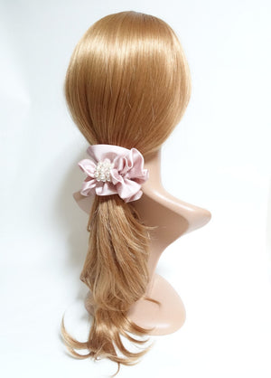 veryshine.com Scrunchies Pink Satin scrunchies Pearl decorated Hair Elastics Ponytail Holder Women Hair Ties Accessories