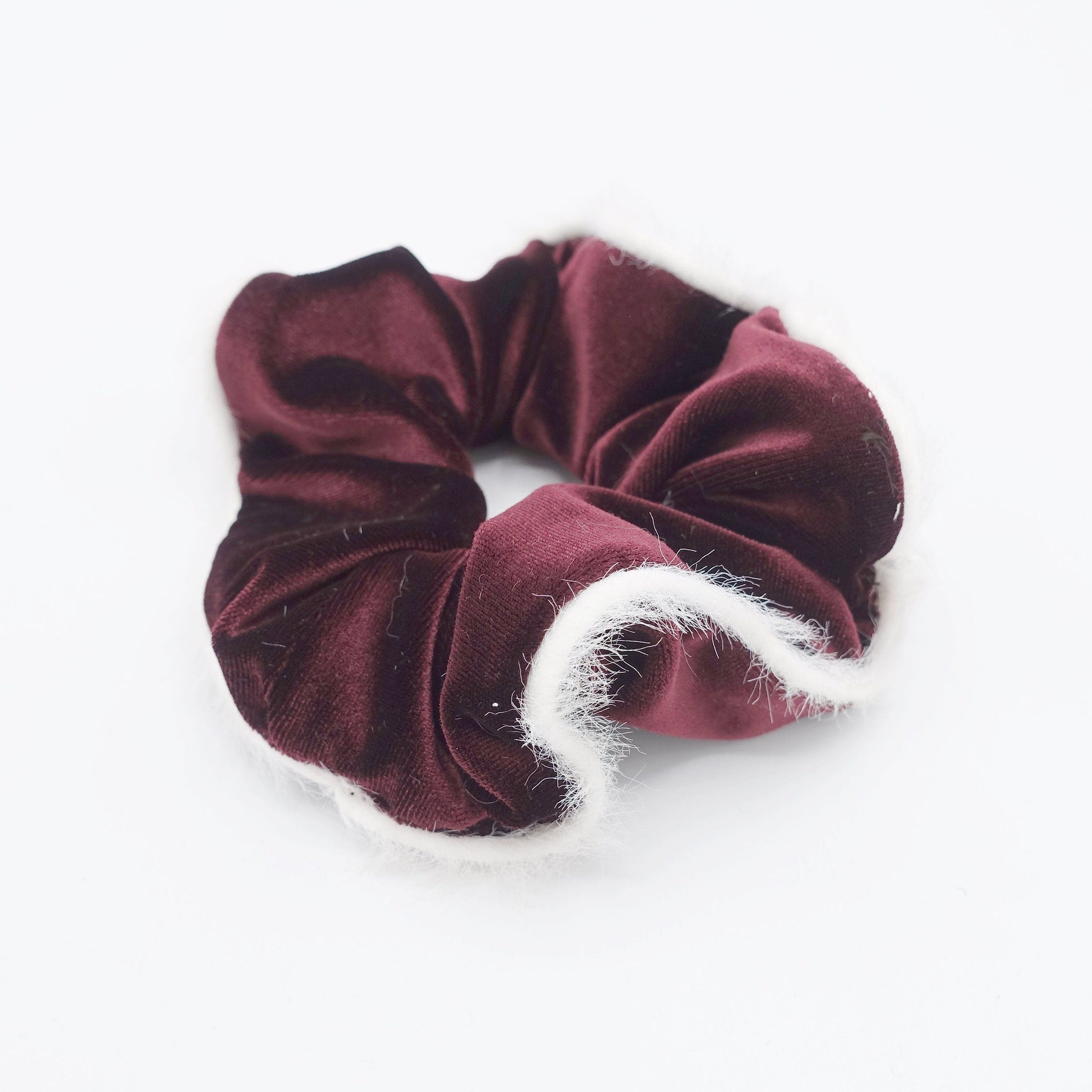 veryshine.com Scrunchies Red wine fabric fur trim velvet scrunchies cute hair elastic for women