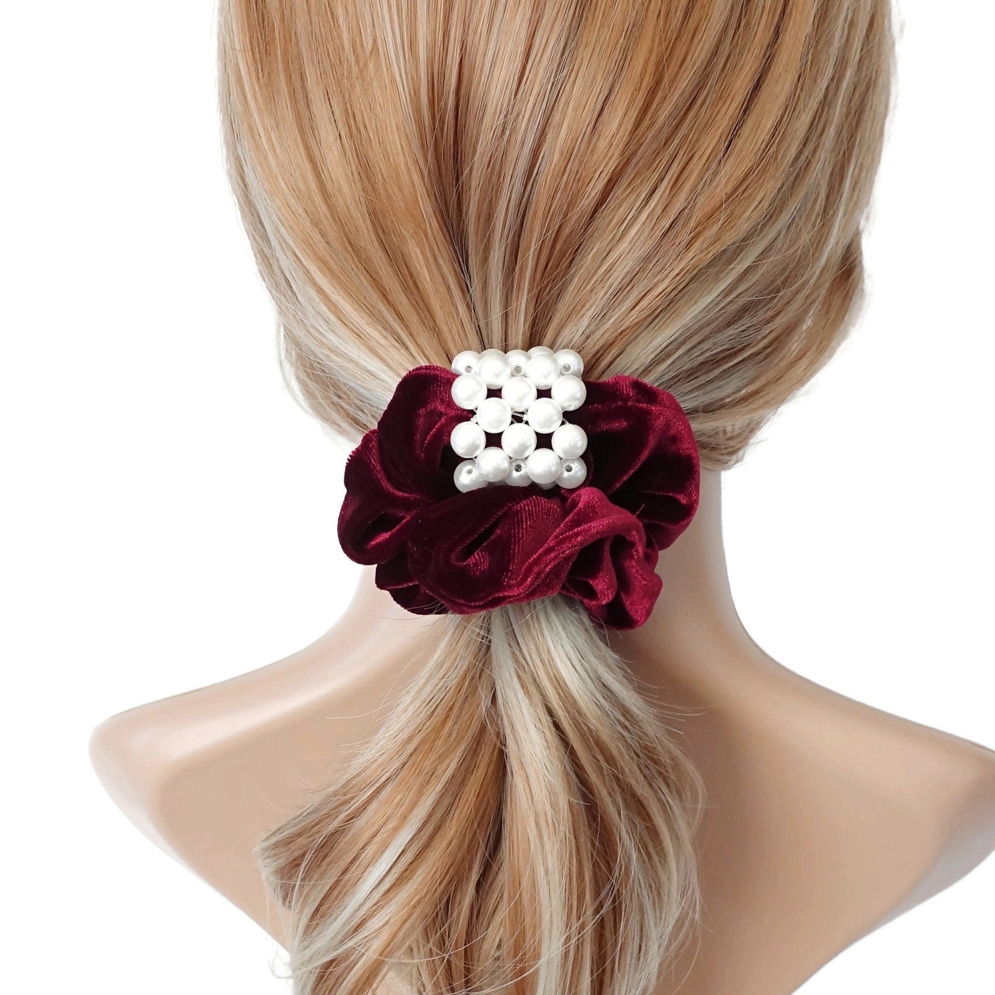 veryshine.com Scrunchies Red wine pearl embellished velvet scrunchies women scrunchy hair elastic ties