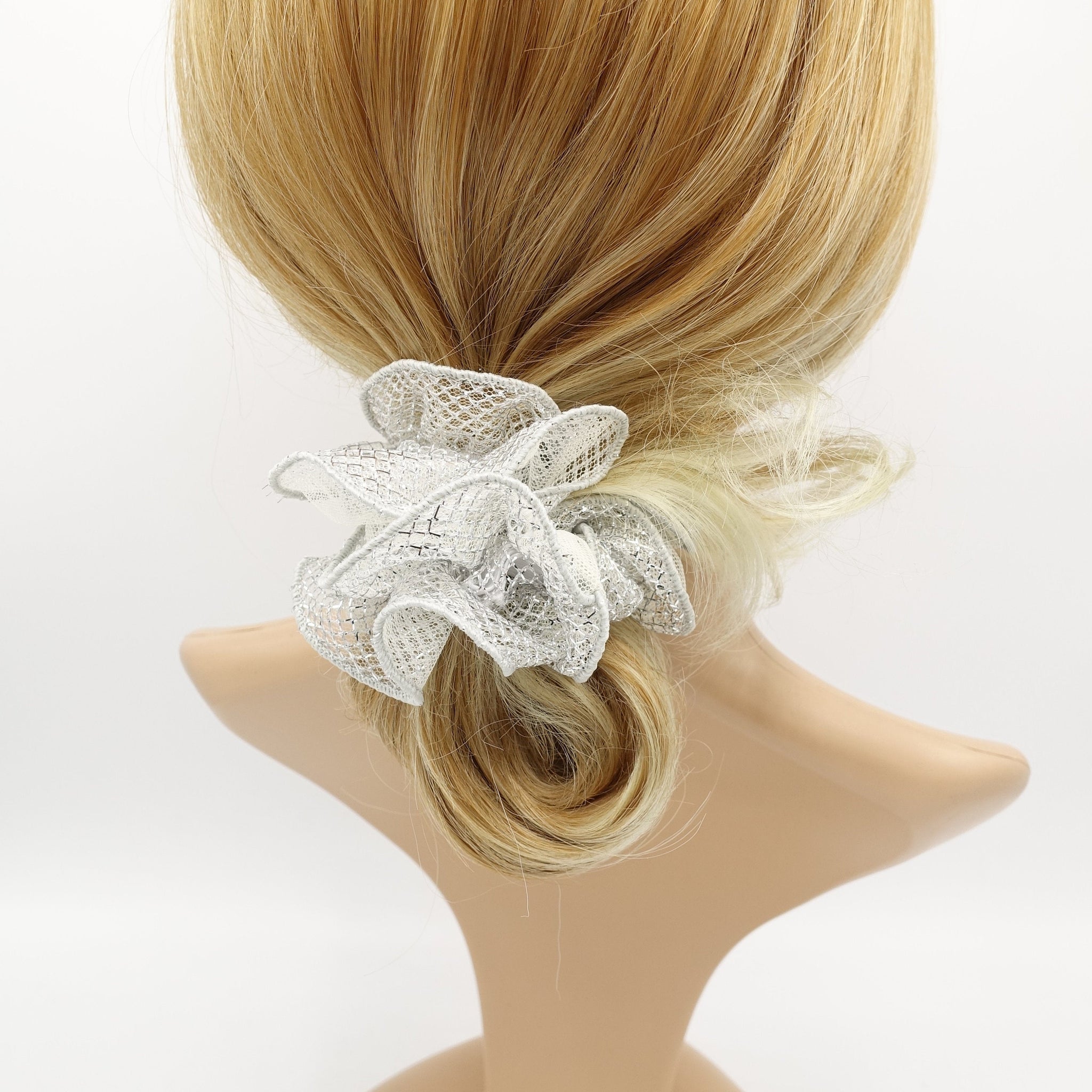 veryshine.com Scrunchies Silver white mesh lame hair scrunchies glittering hair elastic for women