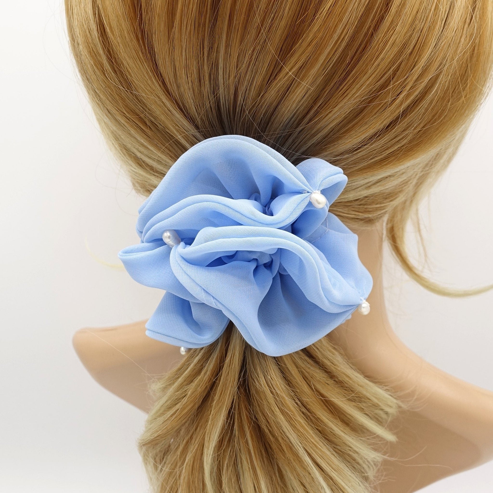 veryshine.com Scrunchies Sky blue cultivated pearl chiffon scrunchies double edge scrunchy women hair elastic tie