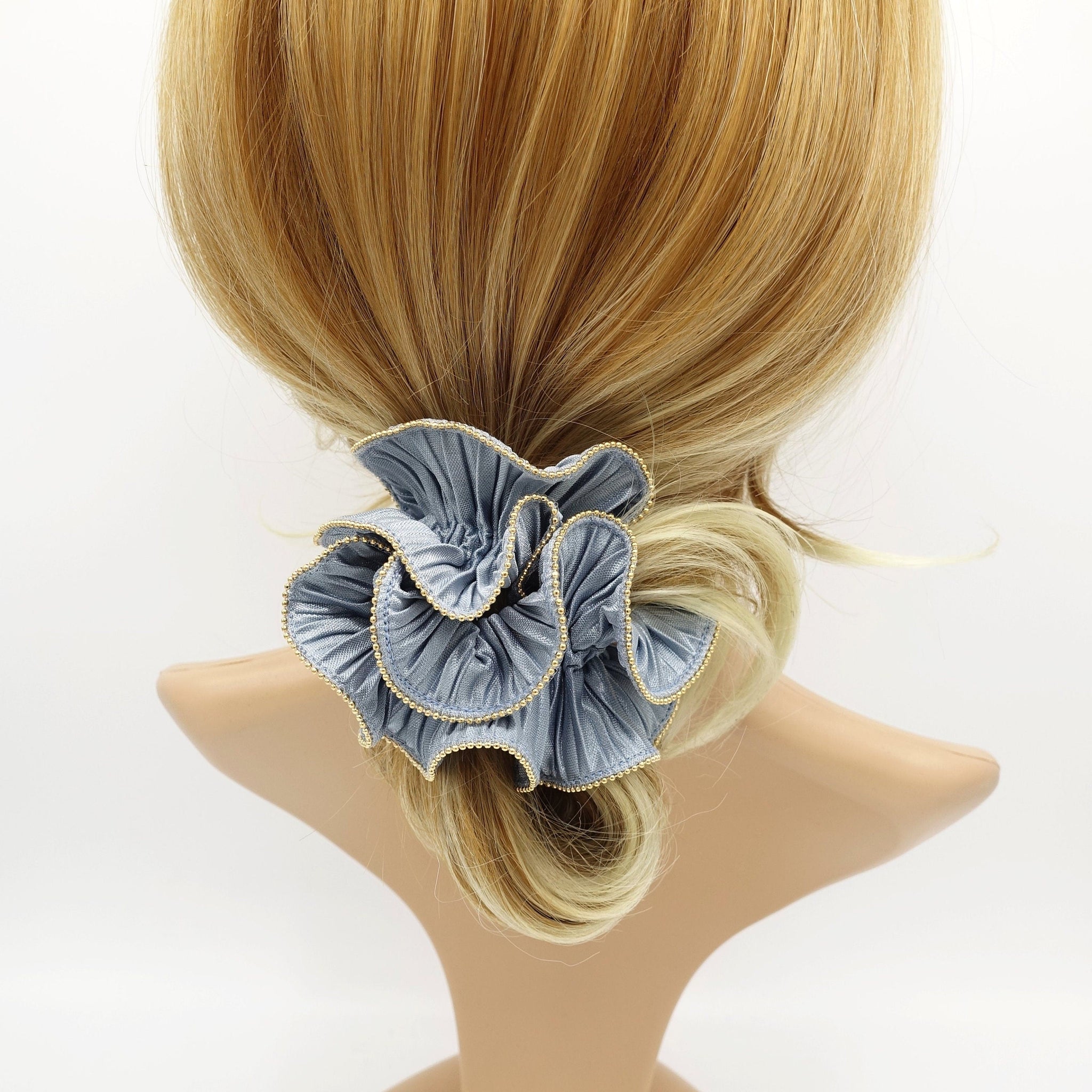 veryshine.com Scrunchies Sky blue pleated scrunchies  metal edge hair elastic hair tie women hair scrunchy