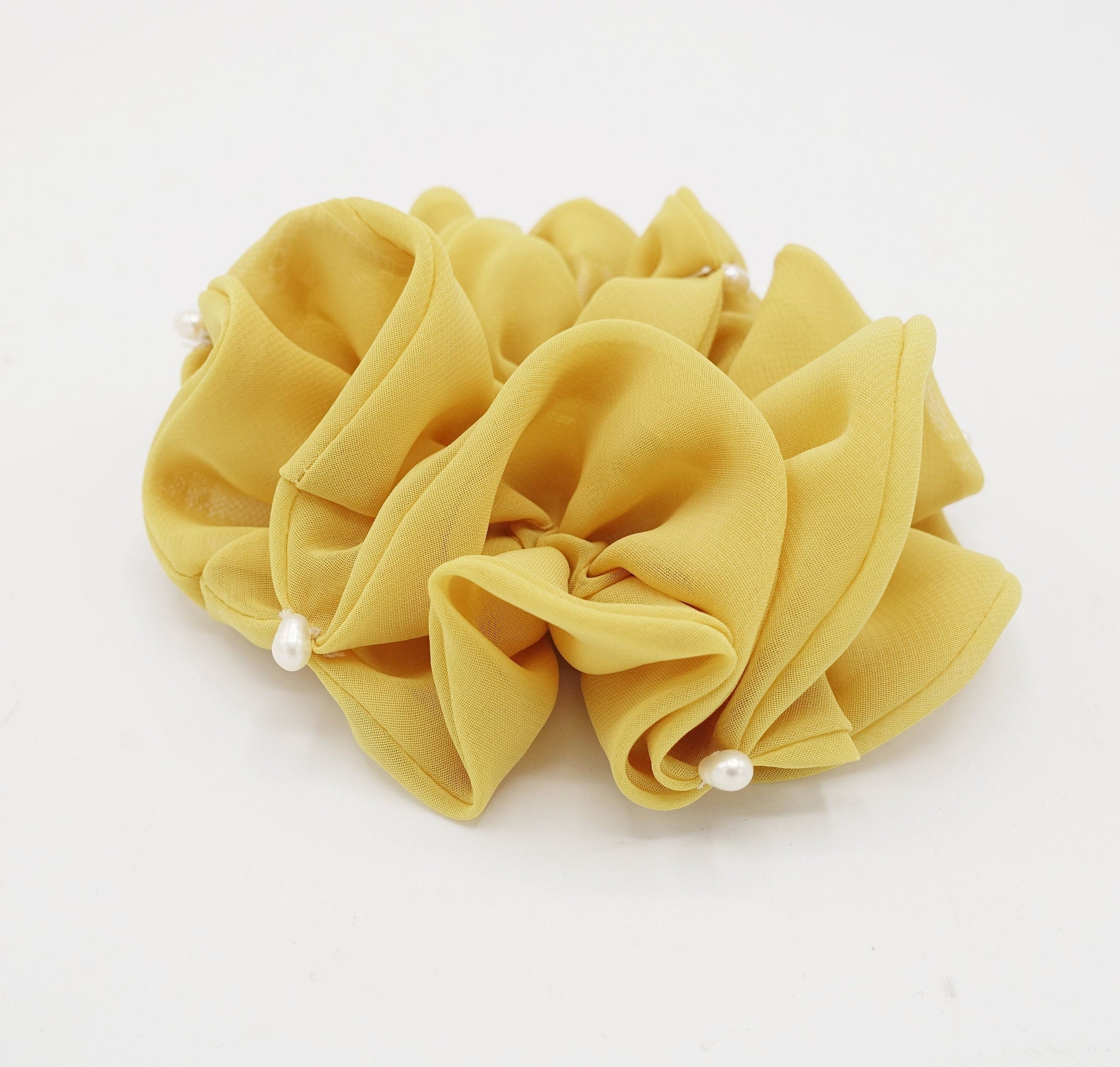 veryshine.com Scrunchies Yellow cultivated pearl chiffon scrunchies double edge scrunchy women hair elastic tie