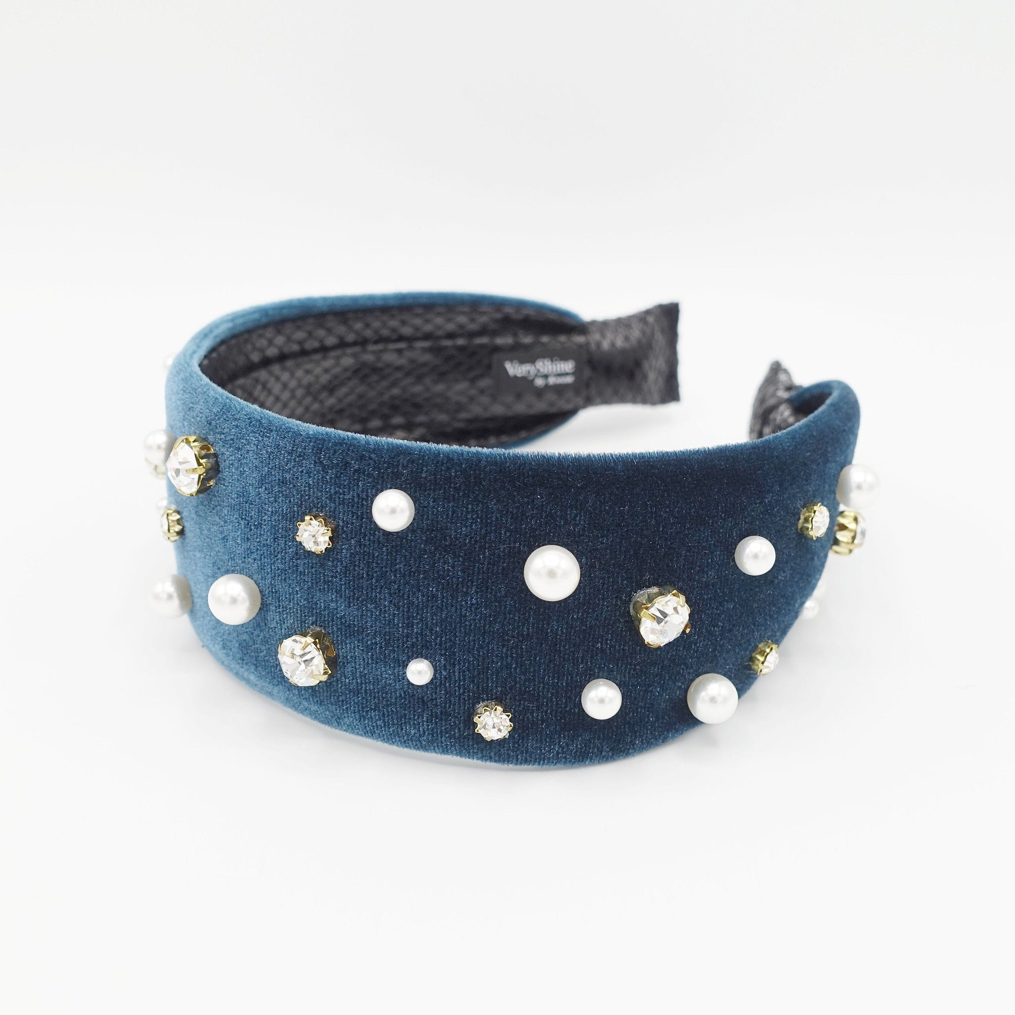 veryshine.com Teal blue pearl rhinestone flat velvet headband embellished hairband for women