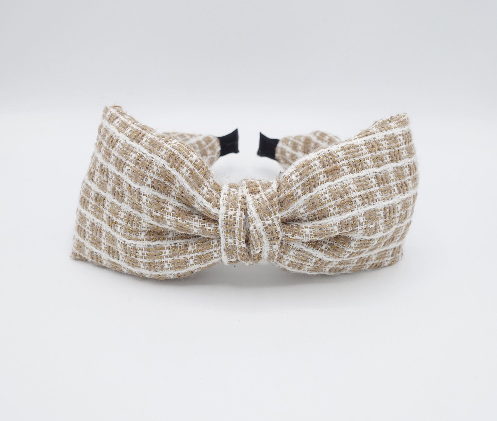 veryshine.com tweed bow headband golden thread shimmer big bow stripe pattern hair accessory for women