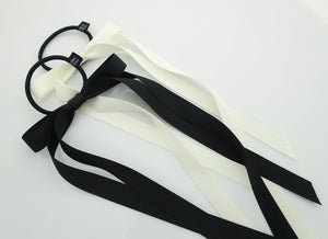 veryshine.com Very long narrow tail black cream satin bow hair tie ponytail holder comb for women