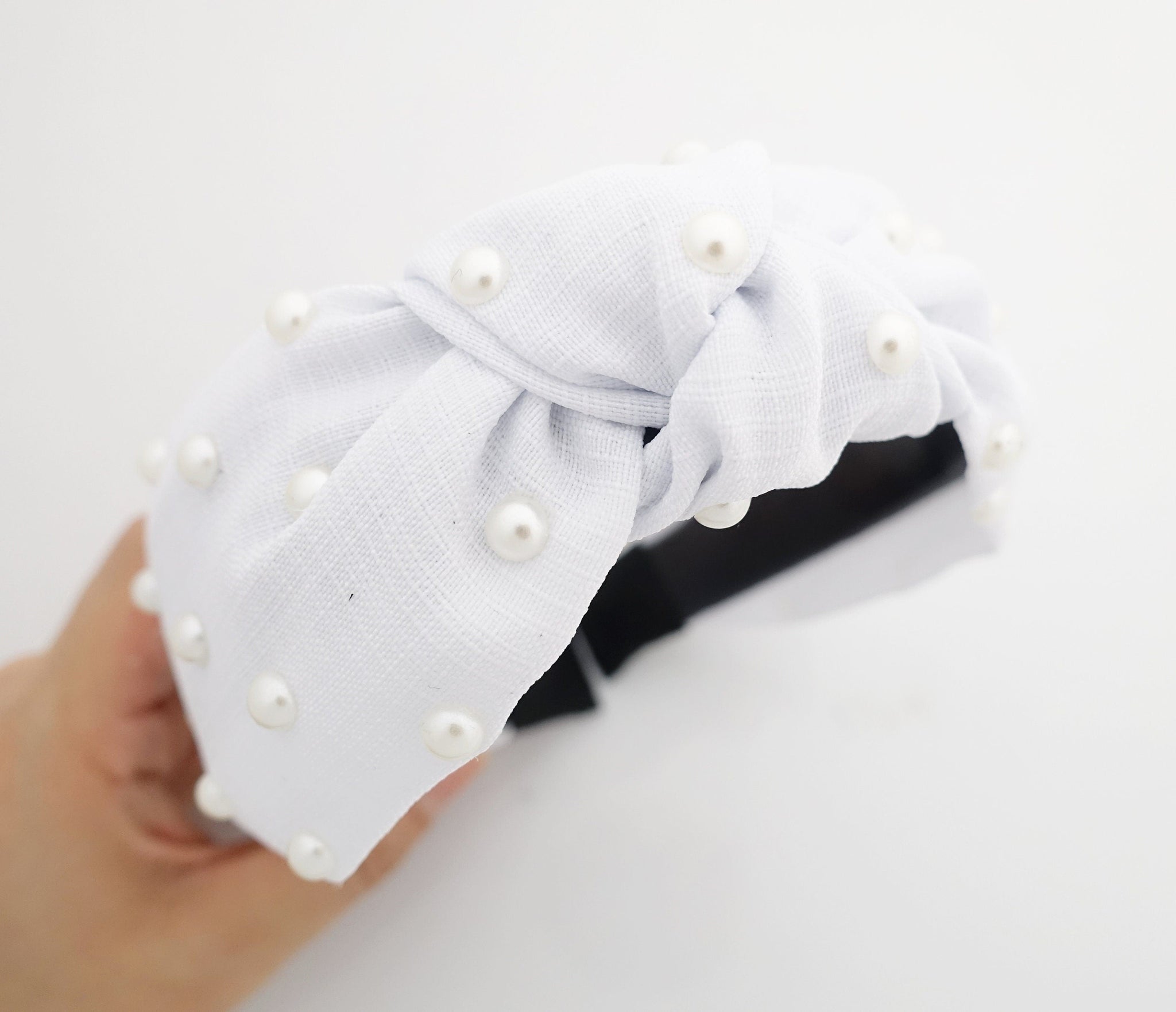 veryshine.com White thin fabric front knot pearl decorated fashion headband stylish trendy hairband accessories for women