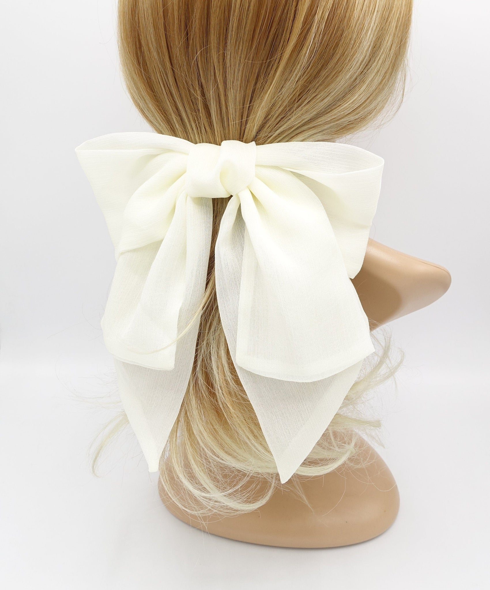 VeryShine Cream white chiffon 2 tails hair bow large hair accessory for women