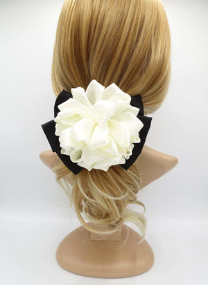 VeryShine cream white flower black bow french barrette women hair accessory