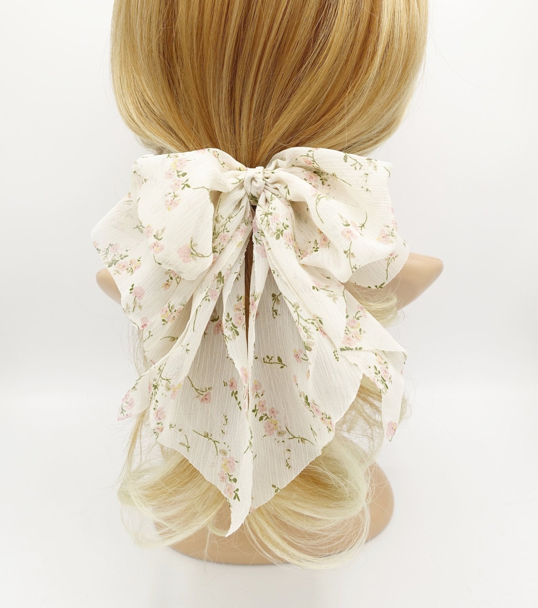VeryShine floral chiffon bow double layered tail bow hair barrette for women