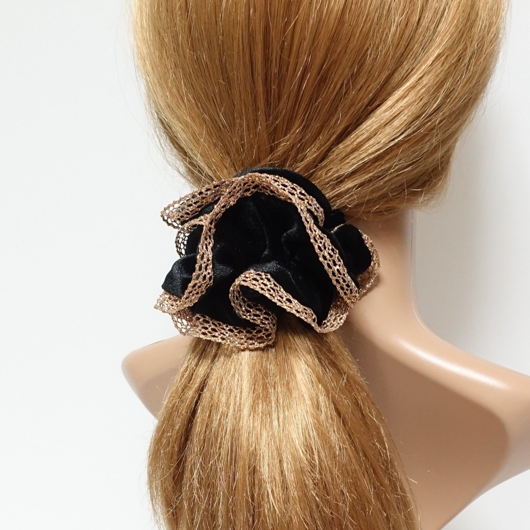 VeryShine golden mesh trim velvet scrunchies dazzle decorated hair elastic scrunchy women hair accessory