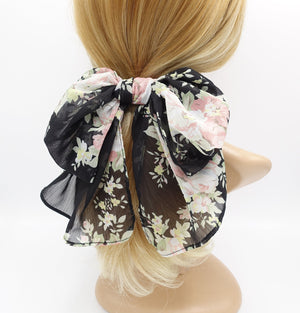 VeryShine Hair Accessories Black floral rolled hem chiffon hair bow barrette accessory for women