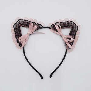 VeryShine Hair Accessories Black pink cat ear headband organza lace wrap event headband