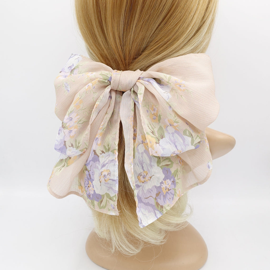 VeryShine Hair Accessories Peach beige floral rolled hem chiffon hair bow barrette accessory for women