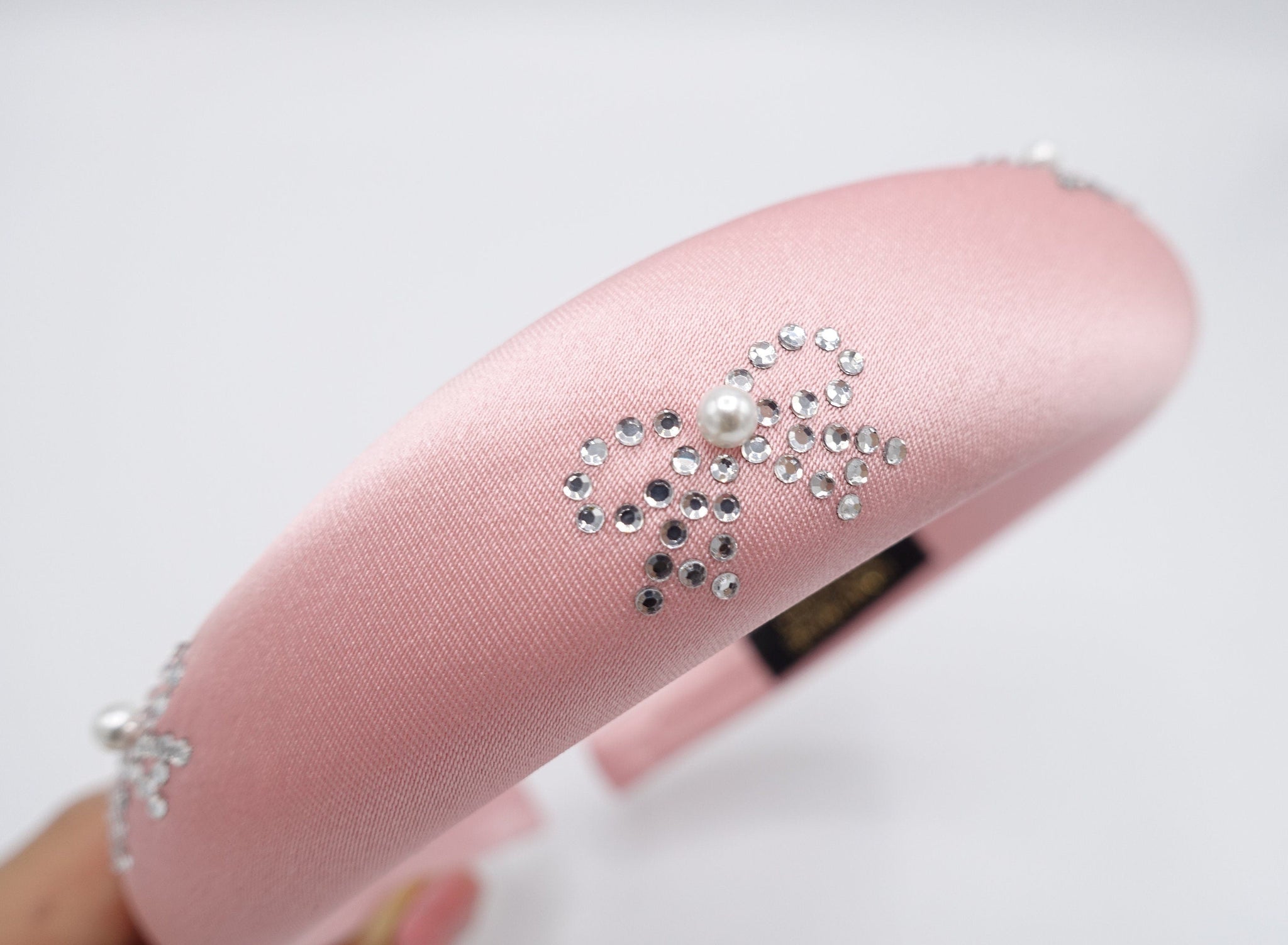 VeryShine Hair Accessories Pink pearl hotfix satin padded headband bling ribbon hairband for women
