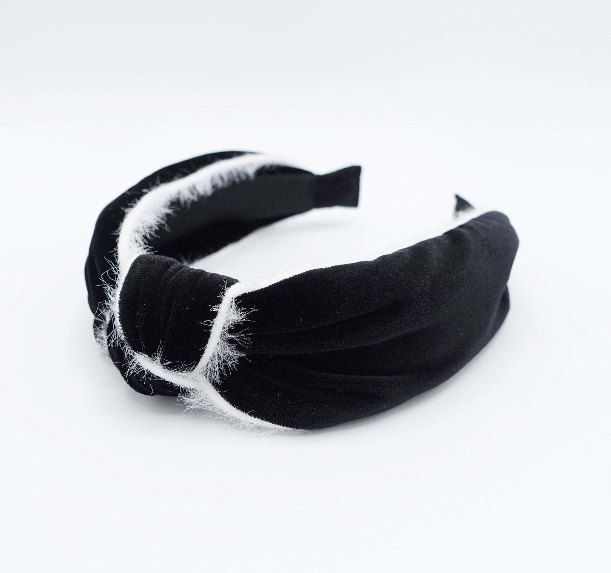 VeryShine Headband Black fur trim velvet top knot headband