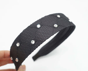 VeryShine Headband Black rhinestone embellished stocking headband satin mesh net hairband hair accessory for women