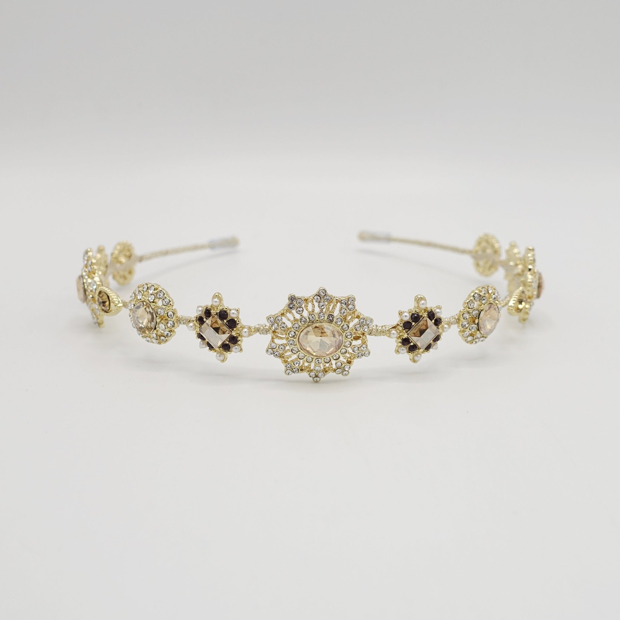 VeryShine Headband Gold beige baroque pattern rhinestone embellished metal thin headband
