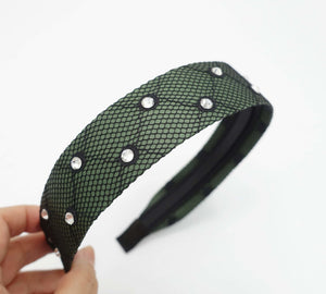 VeryShine Headband Green rhinestone embellished stocking headband satin mesh net hairband hair accessory for women
