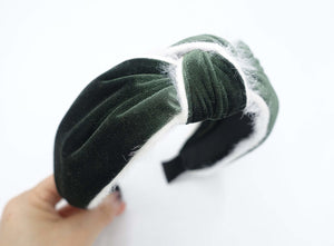 VeryShine Headband Khaki green fur trim velvet top knot headband