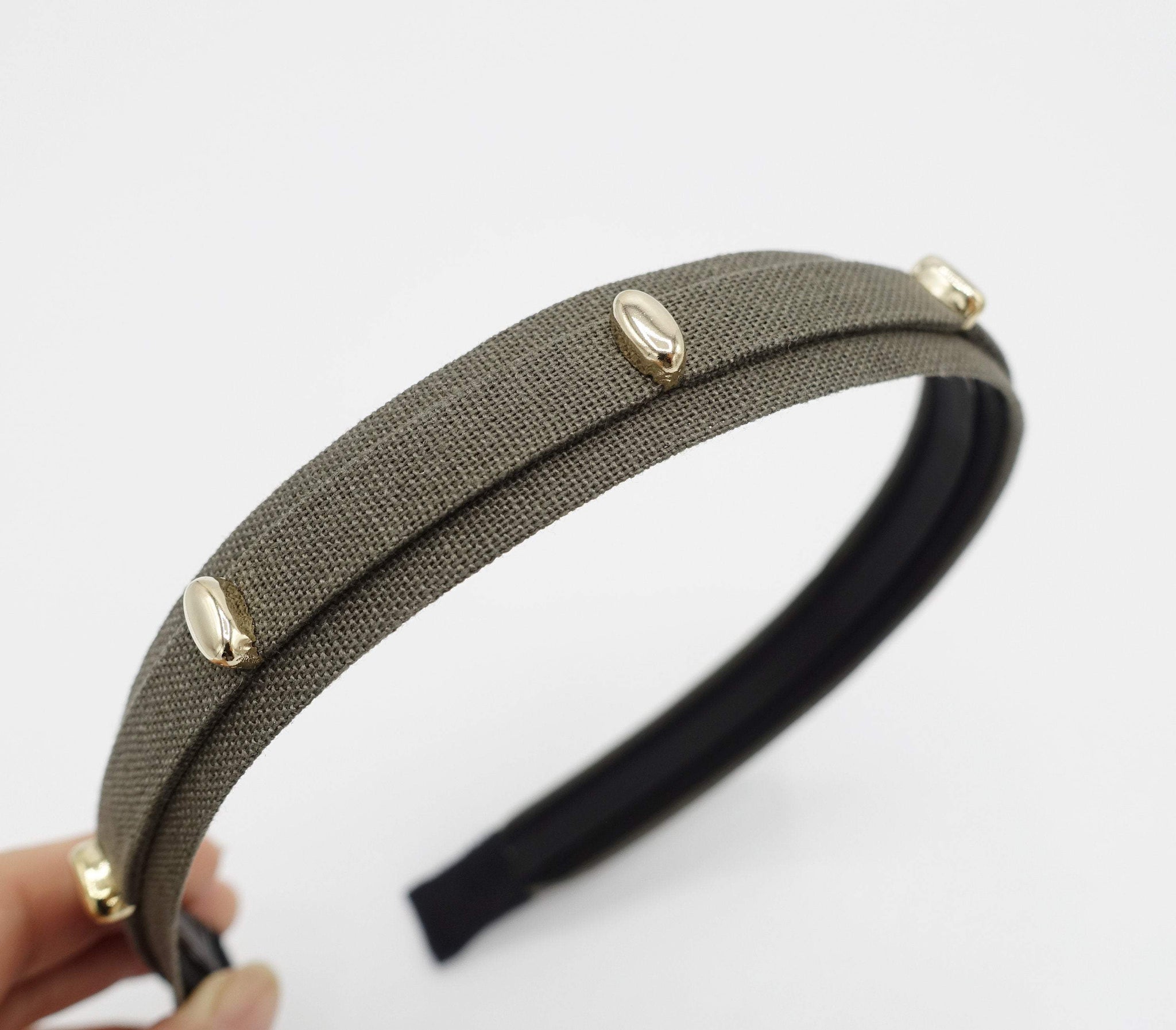 VeryShine Headband Khaki linen blend headband golden clip embellished narrow hairband for women