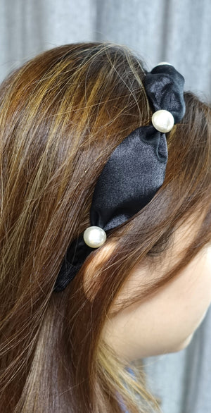 VeryShine hedband Black satin pearl tie headband