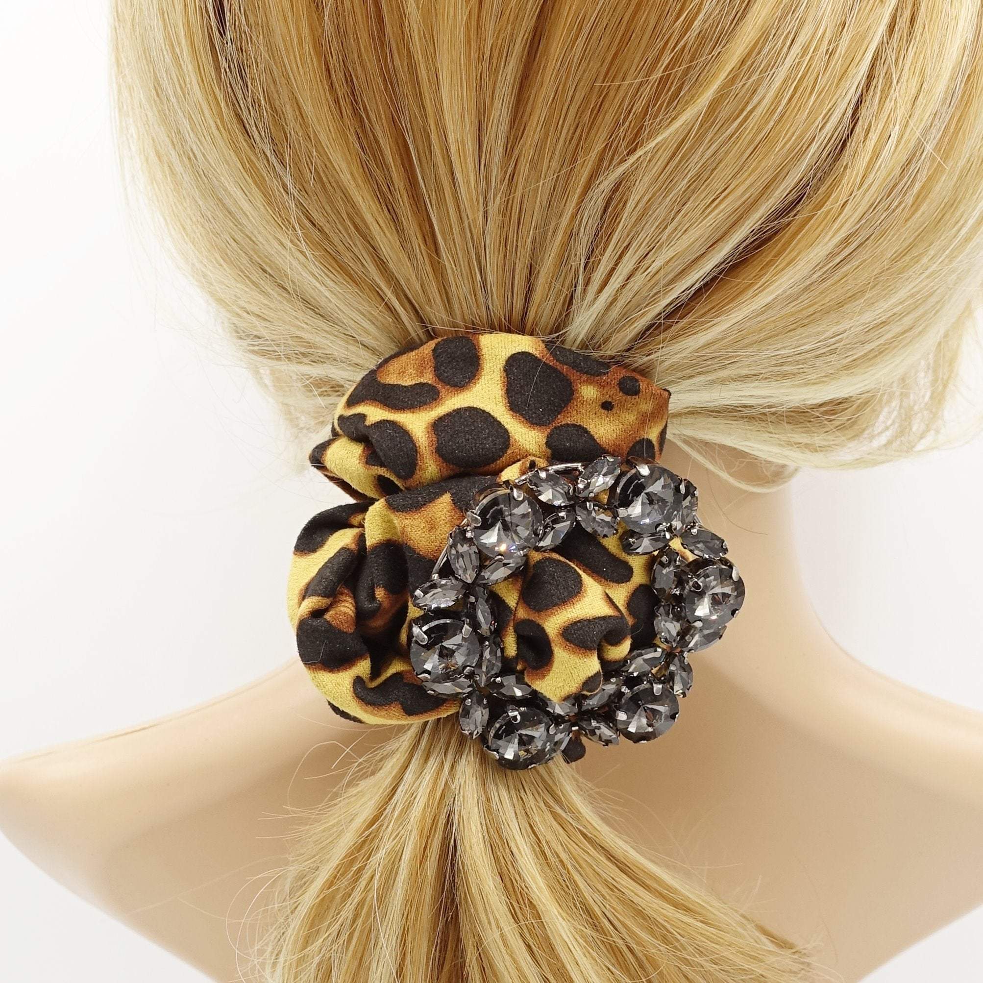 VeryShine leopard scrunchies glass rhinestone  buckle embellished scrunchie