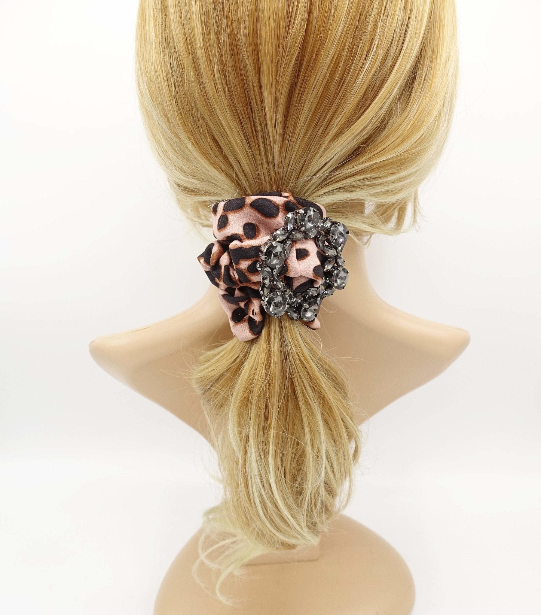 VeryShine leopard scrunchies glass rhinestone  buckle embellished scrunchie