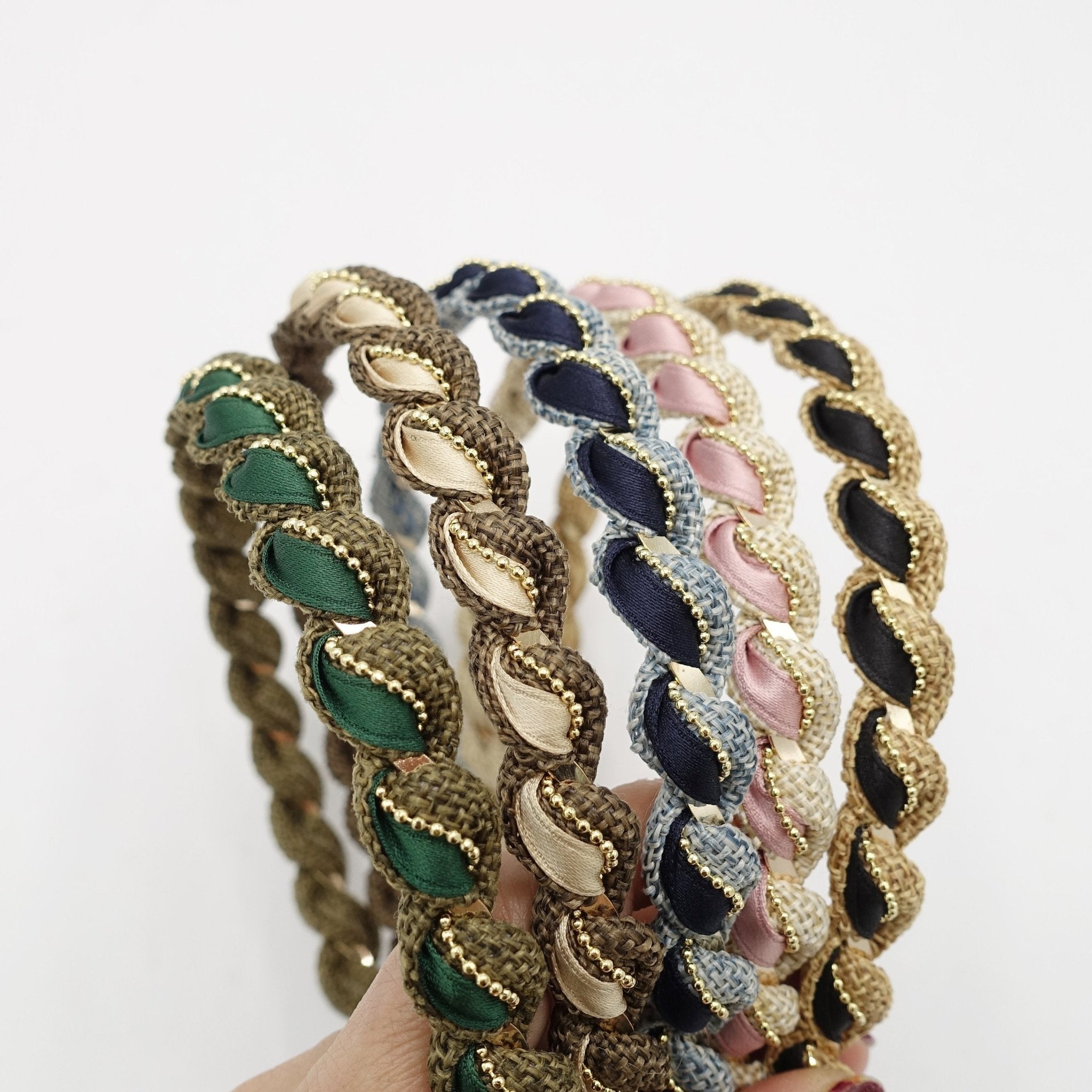 VeryShine multi fabric  spiral wrap headband golden chain embellished hairband women hair accessory
