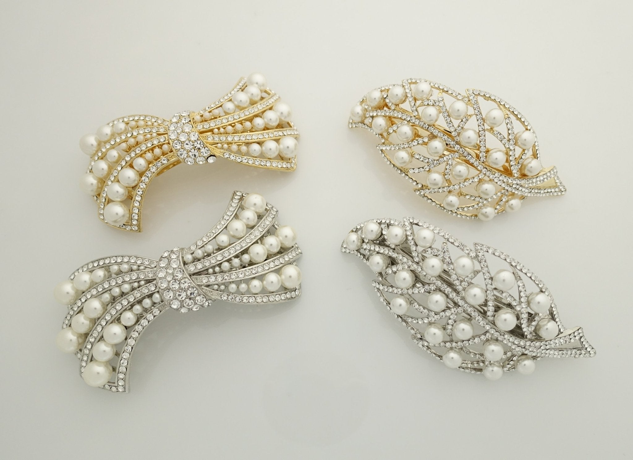 VeryShine pearl rhinestone decorated leaf wave bow french barrette elegant dazzling women hair barrette