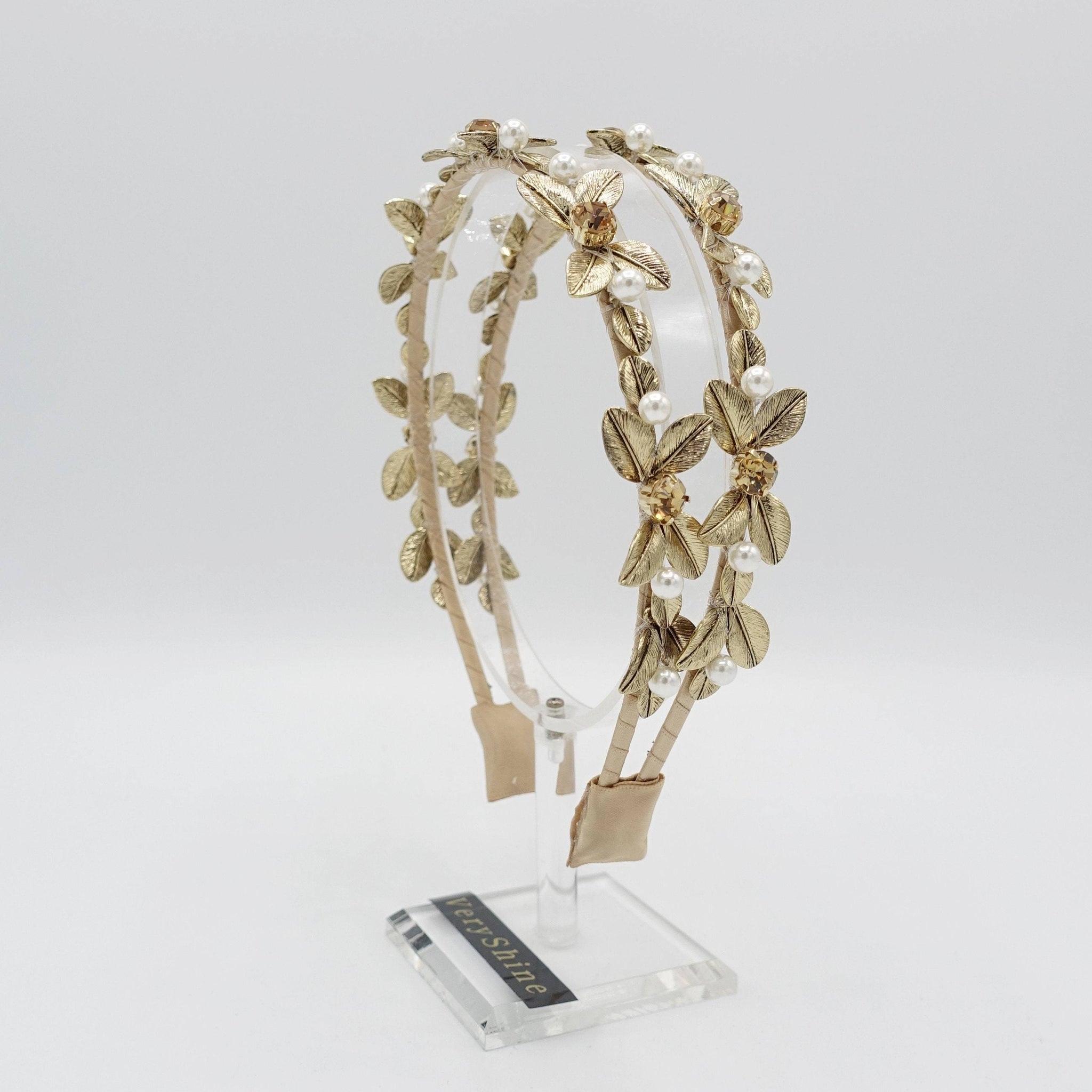 VeryShine pearl rhinestone flower headband bridal double hairband