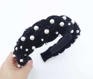 VeryShine pearl velvet braided headband silk velvet pearl sewn hairband luxury handmade plaited hair accessory