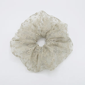 VeryShine Scrunchies Beige organza oversized scrunchies flower embroidered hair scrunchy for women