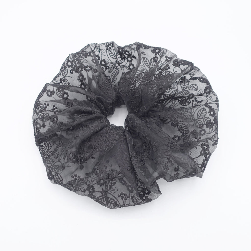 VeryShine Scrunchies Black organza oversized scrunchies flower embroidered hair scrunchy for women