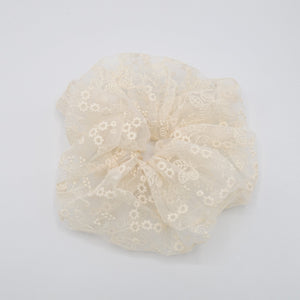 VeryShine Scrunchies Cream white organza oversized scrunchies flower embroidered hair scrunchy for women