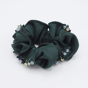 VeryShine Scrunchies Dark green satin scrunchies rhinestone beads embellished scrunchie