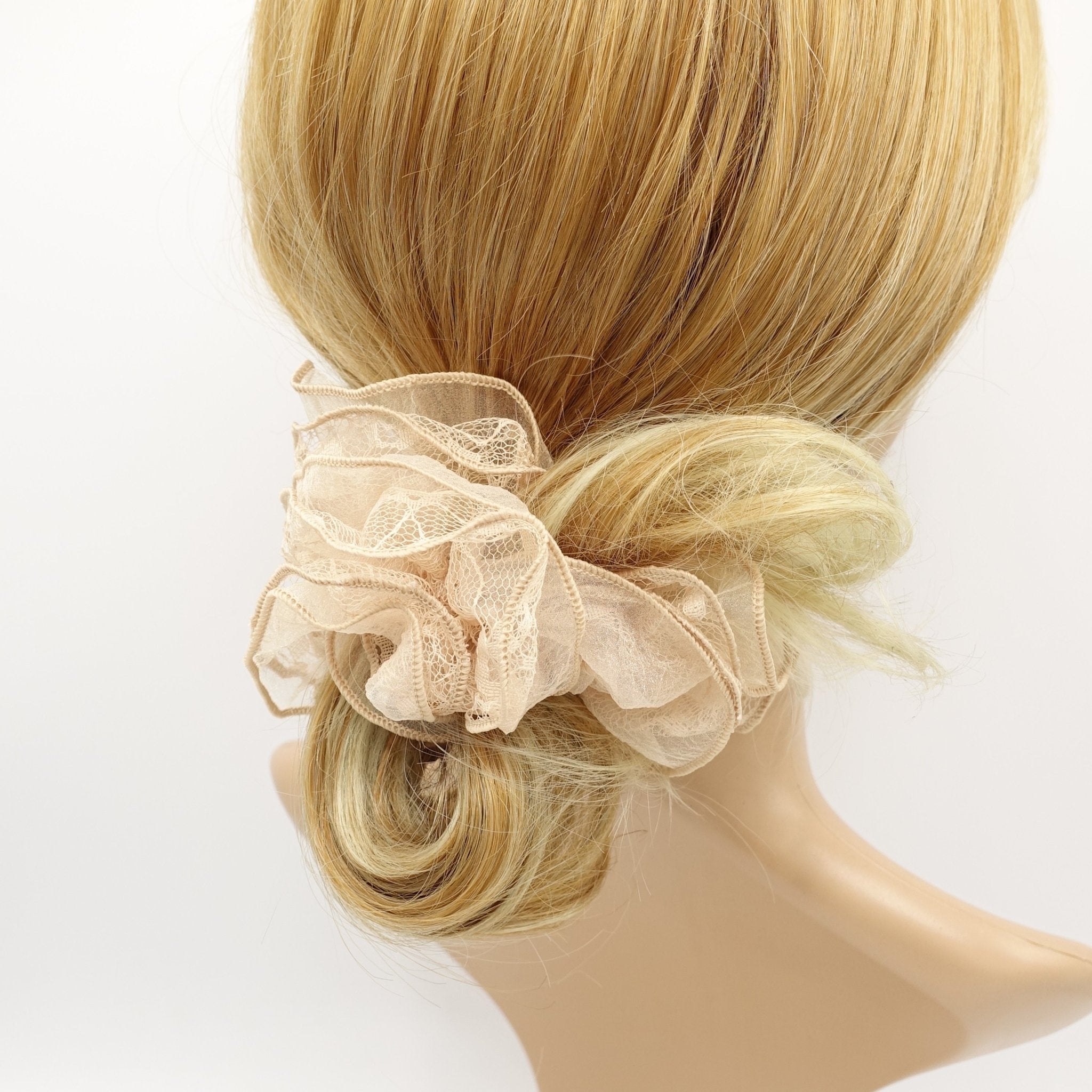 VeryShine scrunchies/hair holder Beige lace organza layer scrunchies double edge scrunchies hair elastic for women
