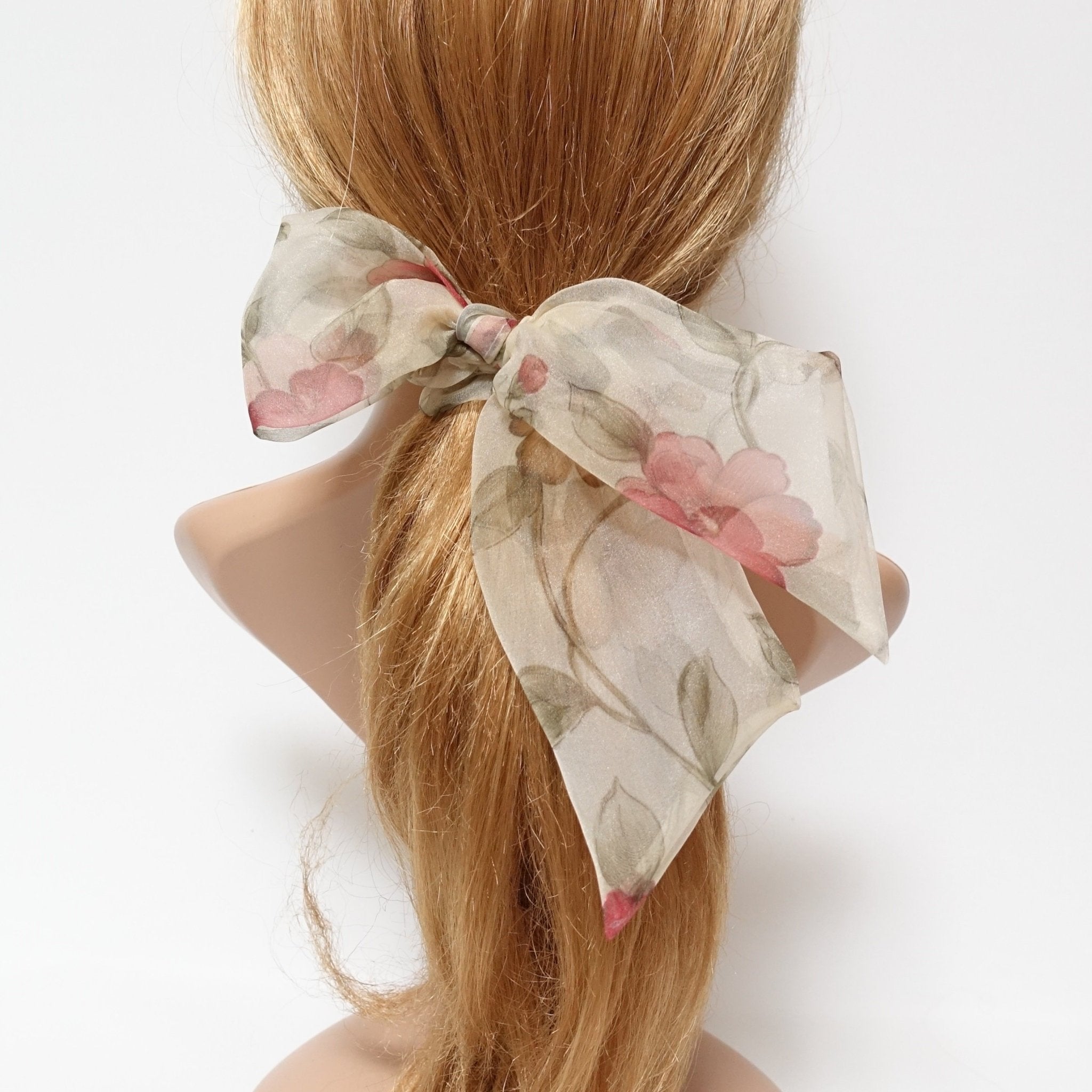mesh flower print bow knot scrunchies woman hair accessory