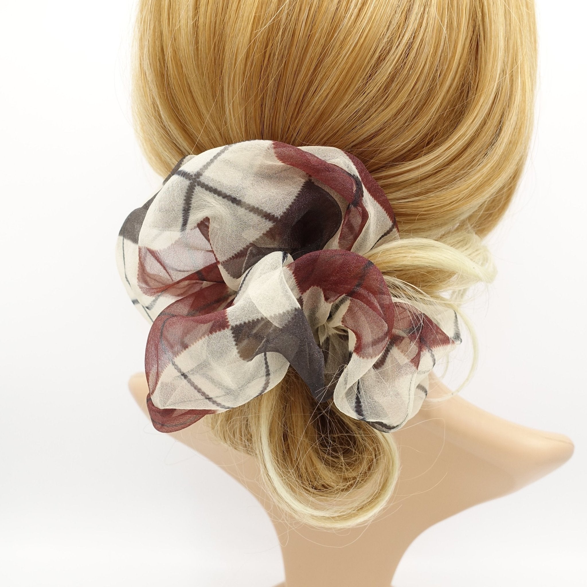 VeryShine scrunchies/hair holder Beige oversized organza scrunchies argyle pattern hair elastic scrunchie women hair accessories