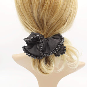 VeryShine scrunchies/hair holder Black black satin scrunchies sleek pearl ball trim embellished hair elastic scrunchy women hair accessories