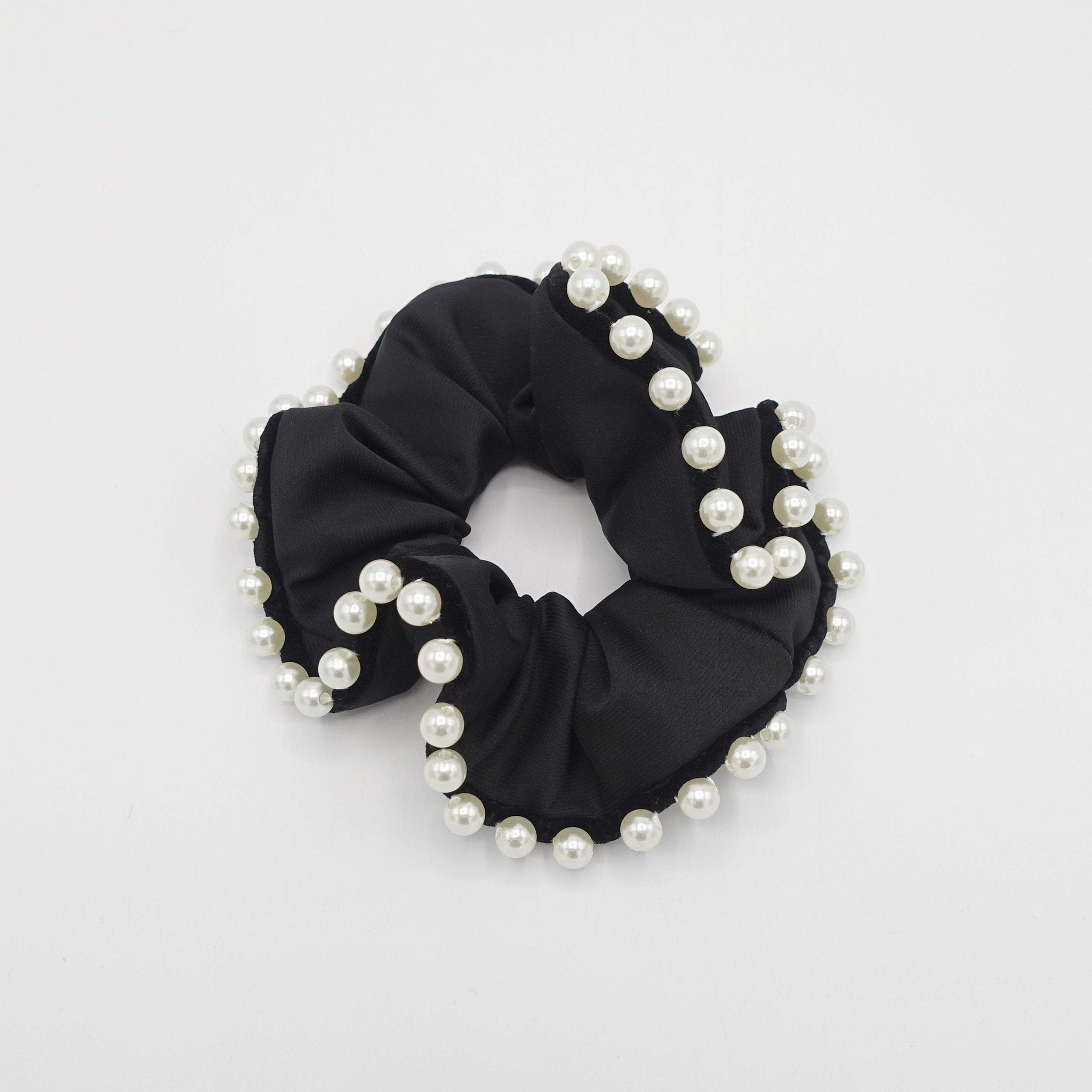 VeryShine scrunchies/hair holder black satin scrunchies sleek pearl ball trim embellished hair elastic scrunchy women hair accessories