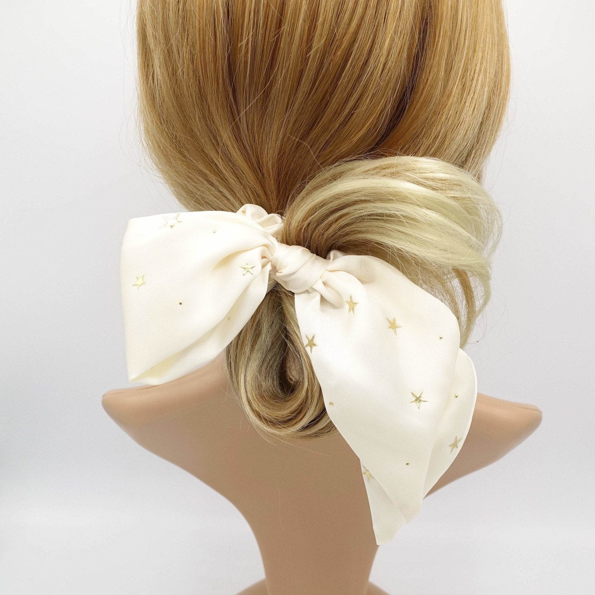 VeryShine scrunchies/hair holder Cream white satin bow knot scrunchies star dot embellished hair tie scrunchie women hair accessory