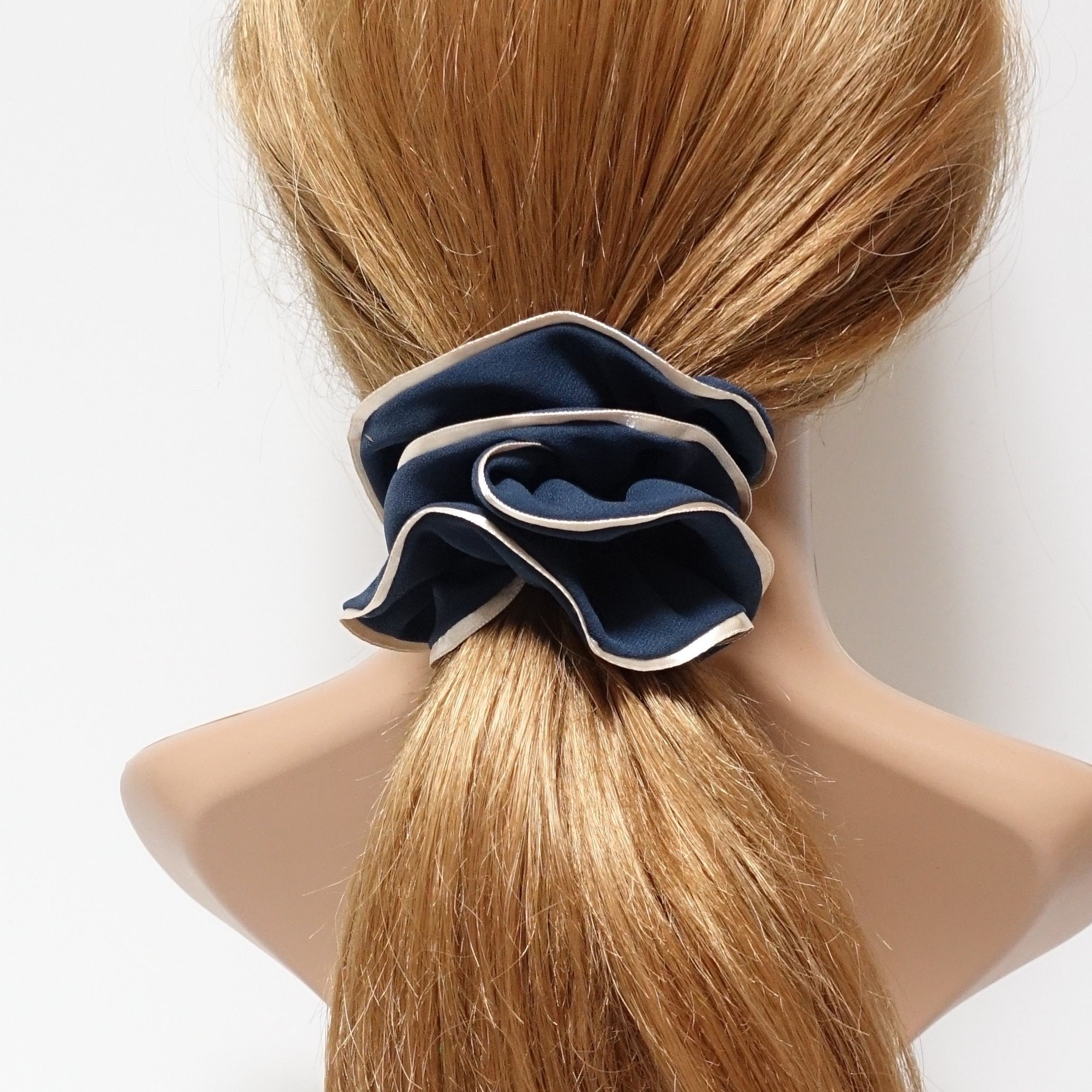 VeryShine scrunchies/hair holder Navy chiffon scrunchy glossy 2 edge trim scrunchies women hair accessories