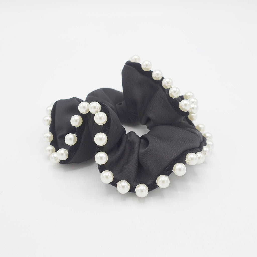 VeryShine scrunchies/hair holder Pearl black satin scrunchies sleek pearl ball trim embellished hair elastic scrunchy women hair accessories