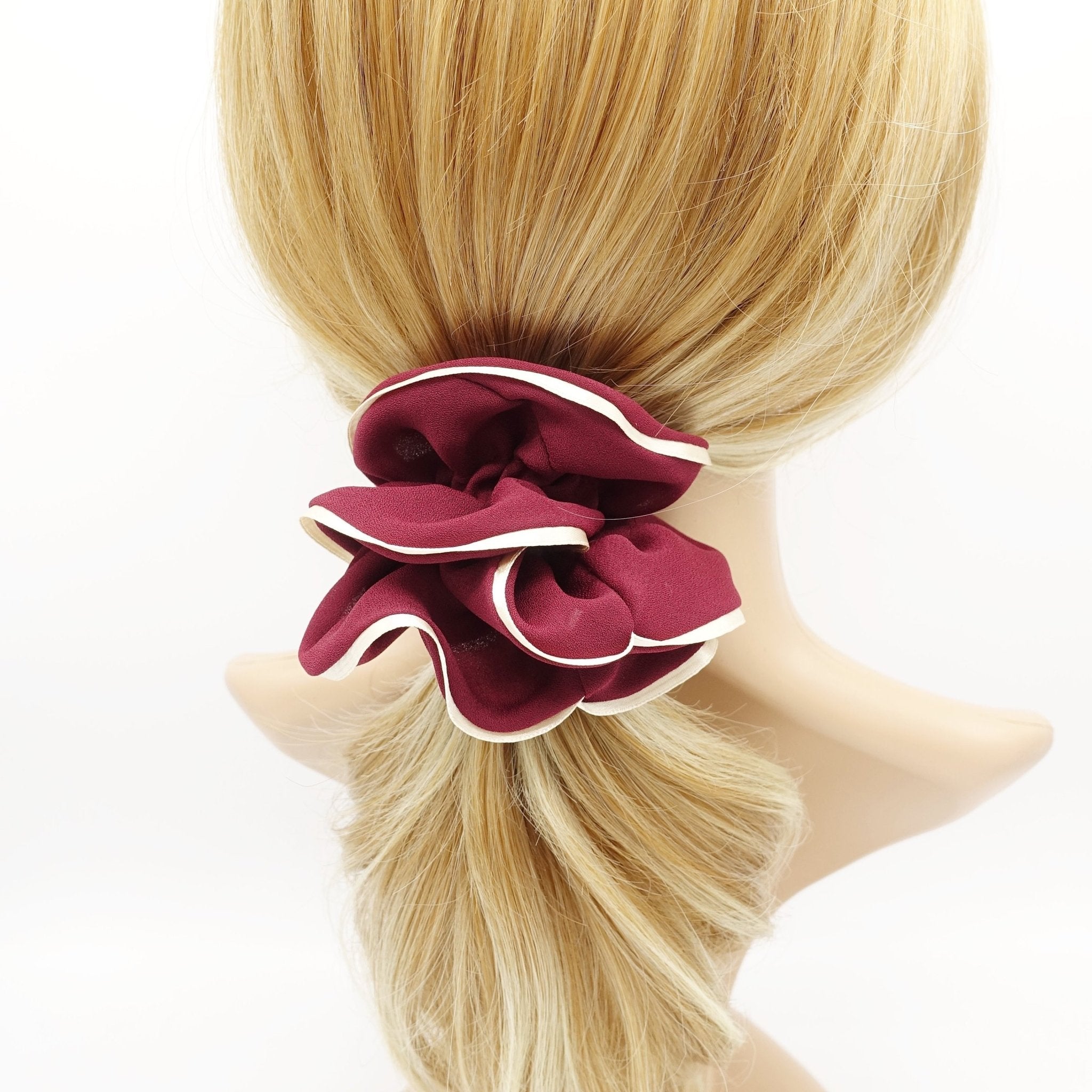 VeryShine scrunchies/hair holder Red wine chiffon scrunchy glossy 2 edge trim scrunchies women hair accessories