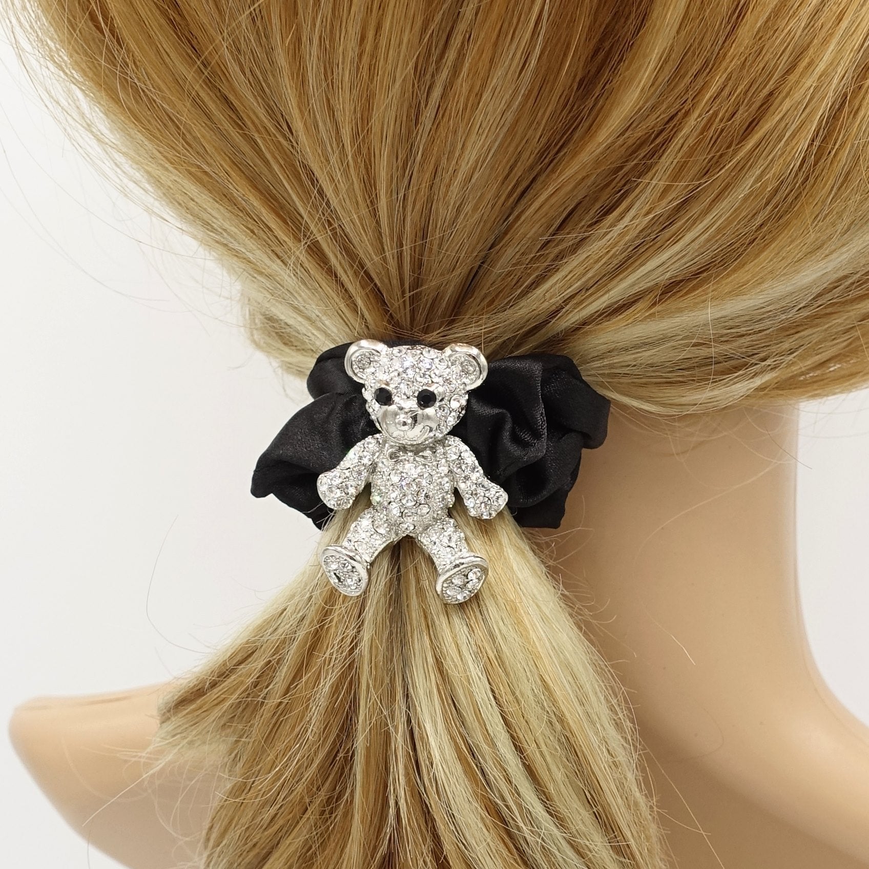 VeryShine scrunchies/hair holder Silver-crystal rhinestone bear hair elastic black satin scrunchies